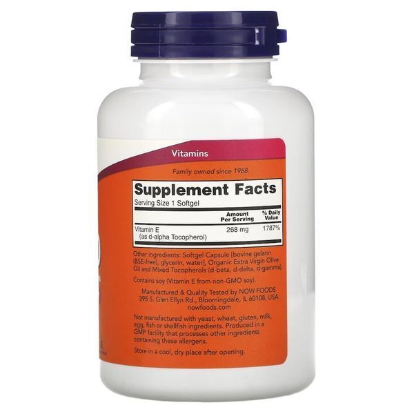 NOW Vitamin E-400 with Mixed Tocopherols, 250 капсул CN12651 фото