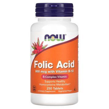 NOW Folic Acid 800 mcg with Vitamin B12, 250 таблеток CN4479 фото