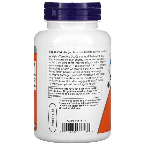 NOW Acetyl-L-Carnitine 750 mg, 90 таблеток CN11450 фото