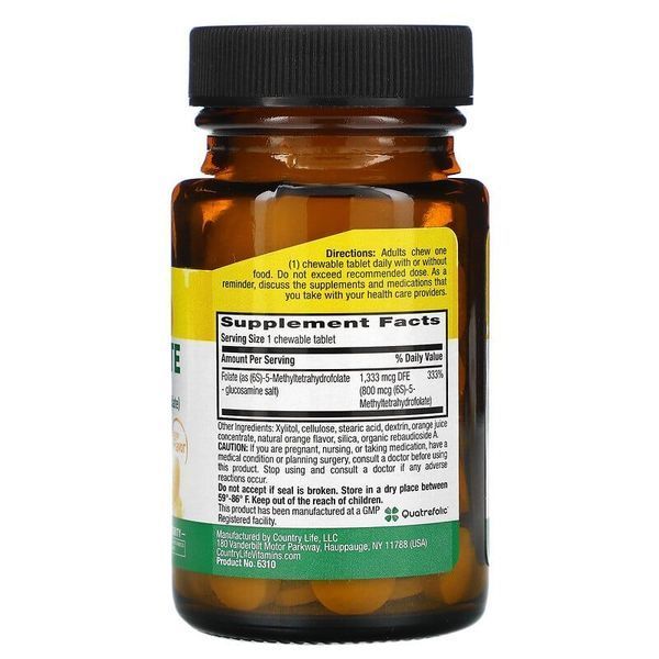 Country Life Methylfolate 800 mcg, 60 жевательных таблеток - Апельсин CN13914-1 фото