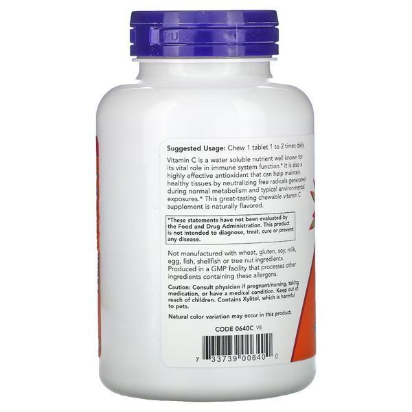 NOW Vitamin C-500, 100 жувальних таблеток - Вишня CN12477 фото