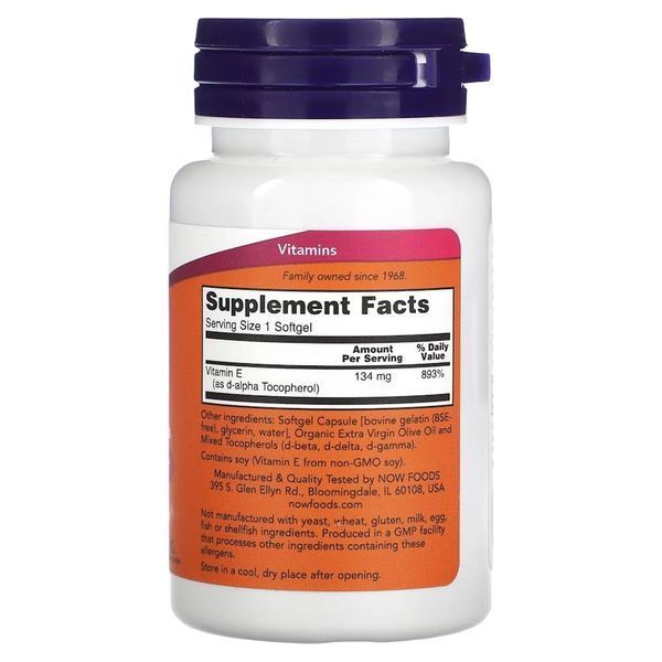 NOW Vitamin E-200 with Mixed Tocopherols, 100 капсул CN13972 фото