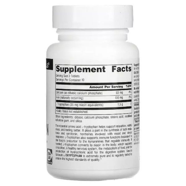 Source Naturals L-Tryptophan 500 mg, 30 таблеток CN12073 фото