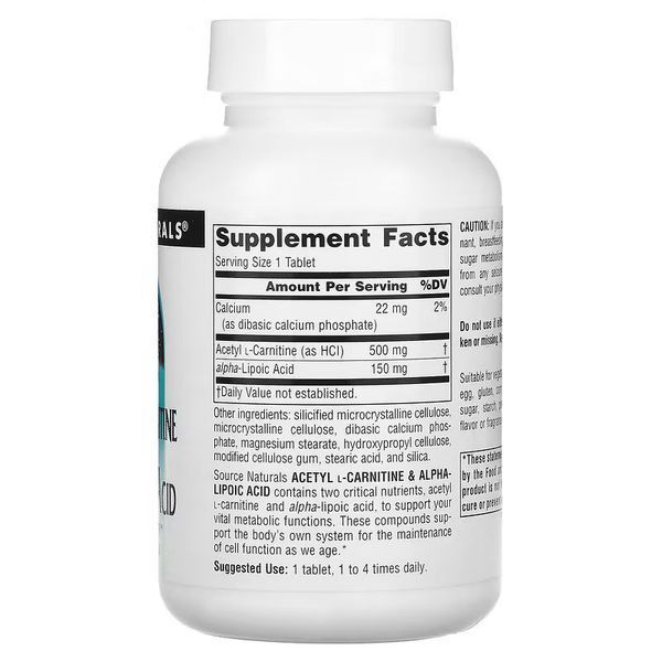 Source Naturals Acetyl L-Carnitine & Alpha Lipoic Acid 650 mg, 60 таблеток CN12520 фото