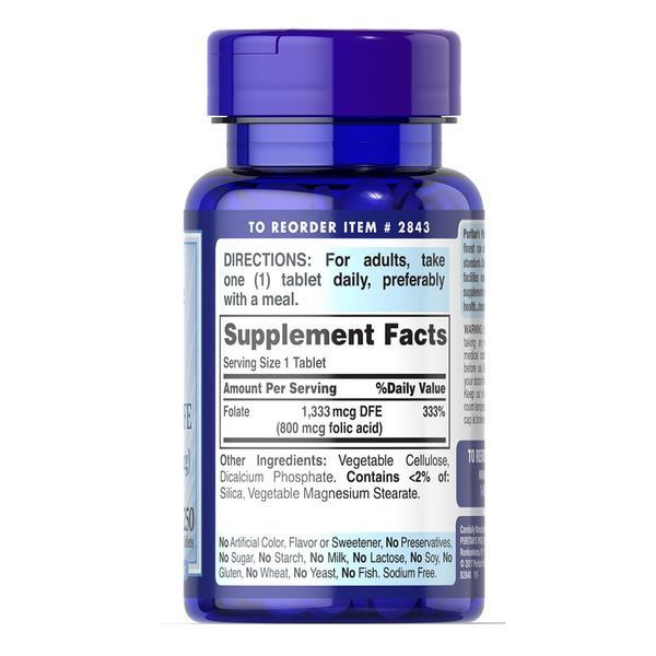 Puritan's Pride Folic Acid 800 mcg, 250 таблеток CN4663 фото