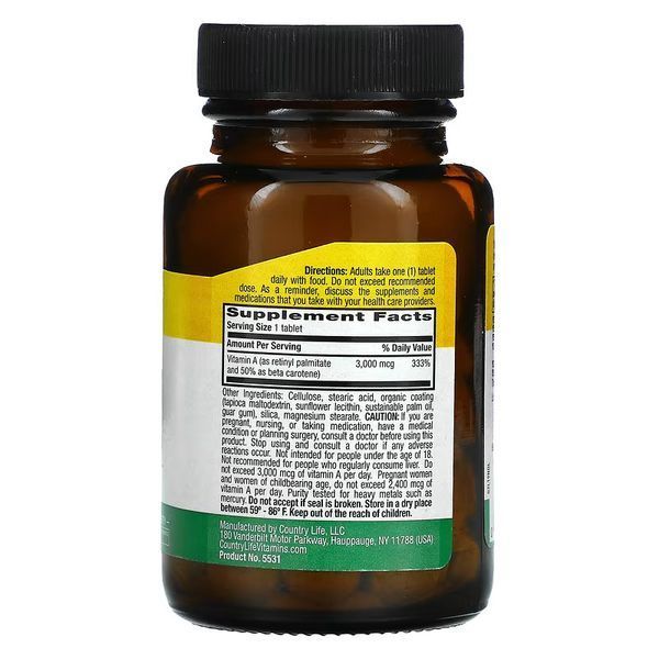 Country Life Dry Vitamin A 10000 IU, 100 таблеток CN10554 фото