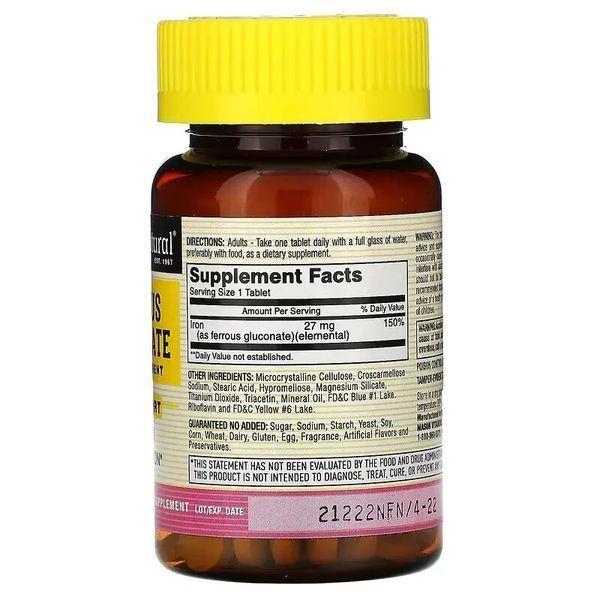 Mason Natural Ferrous Gluconate, 100 таблеток CN13482 фото