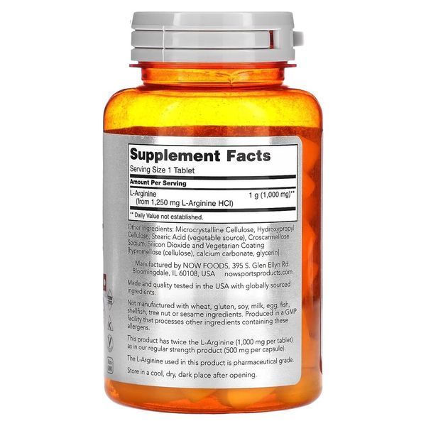 NOW Sports L-Arginine 1000 mg, 60 таблеток CN16682 фото
